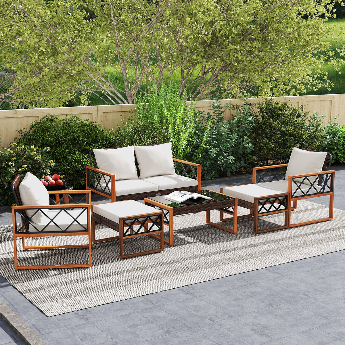 7-Piece Wicker & Acacia Wood Patio Conversation Set