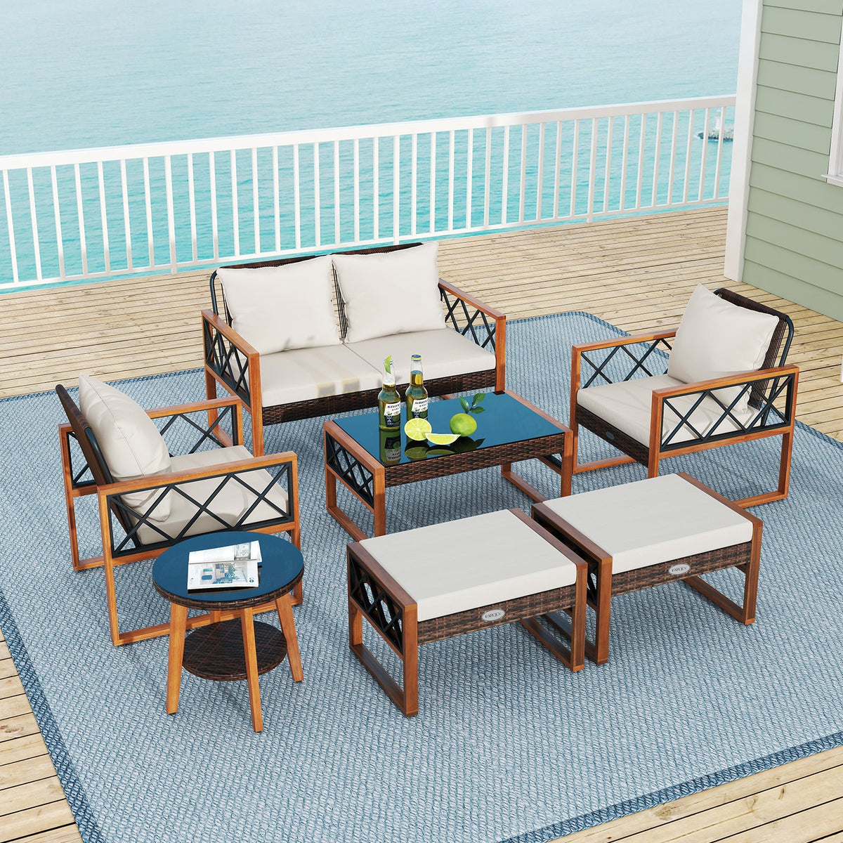 7-Piece Wicker & Acacia Wood Patio Conversation Set