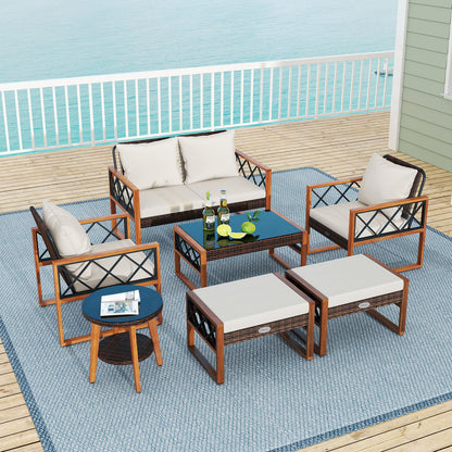 7-Piece Wicker & Acacia Wood Patio Conversation Set